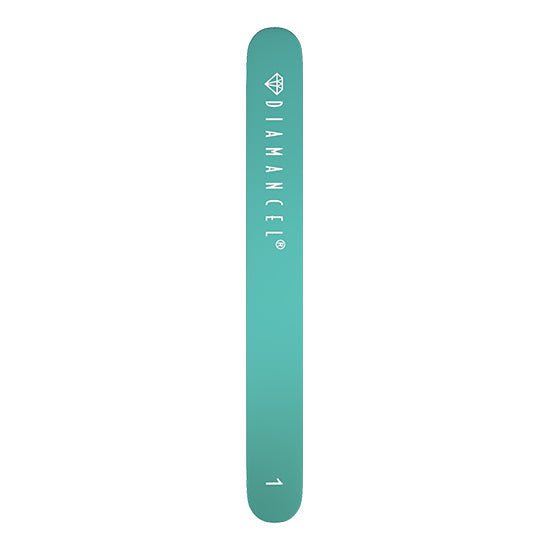 Turquoise back view of Diamancel file 1 designed to file fragile, thin natural nails with fine real diamond grit, size 18 cm